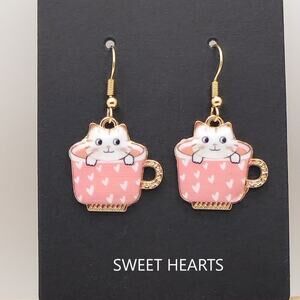 Sweet Hearts White Cat in Pink Heart Teacup Earrings – Handmade Dangles